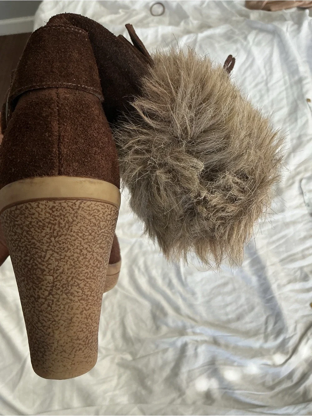 Marc Fisher Brown Faux Fur Suede Wedge Booties